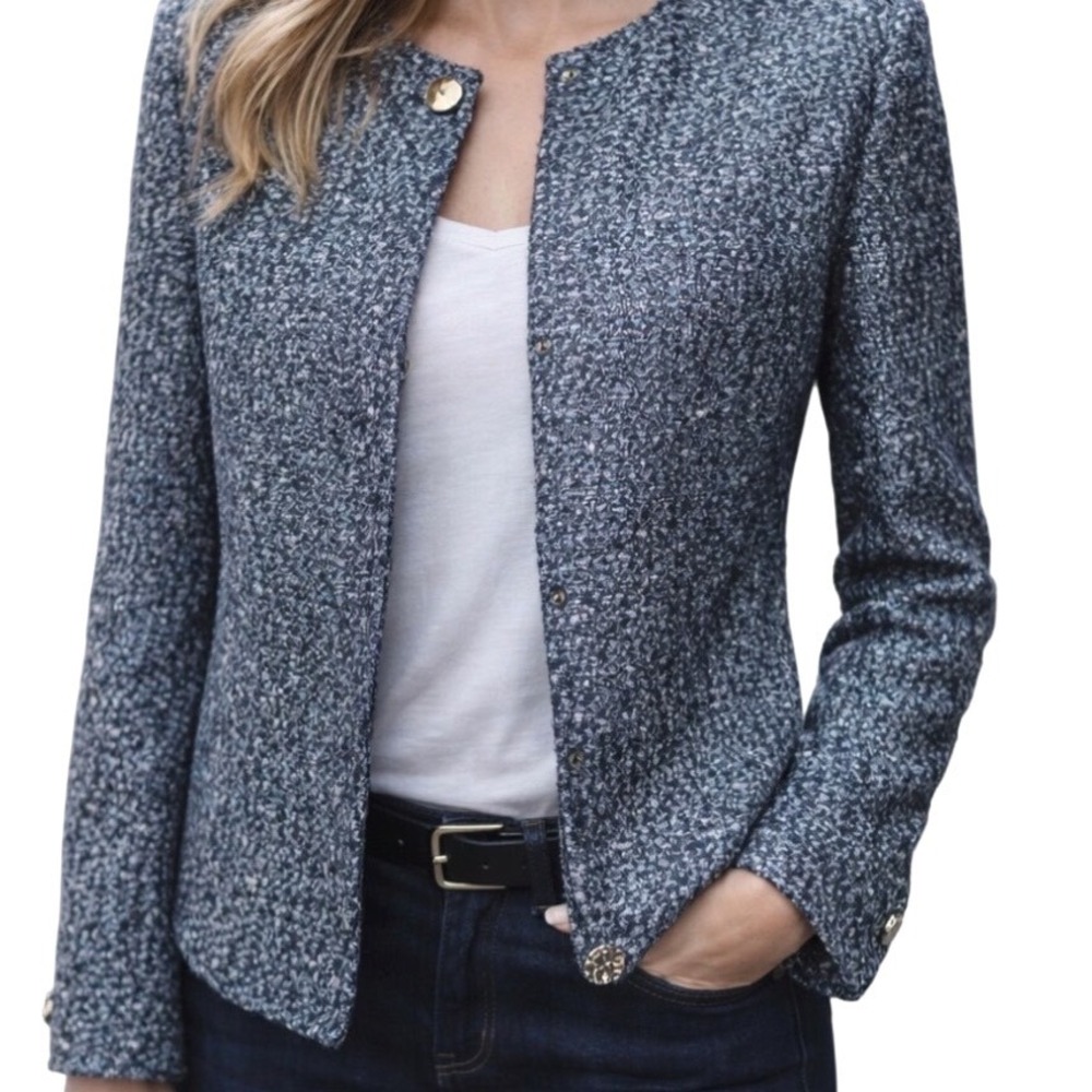 TRUSSARDI Sm Tweed Blue Teal Shimmer Academia Old Money Quiet Luxury Blazer